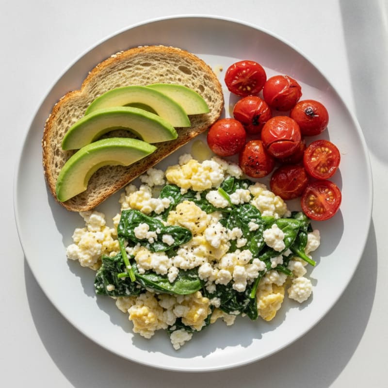 Egg White and Spinach Scramble with Cottage Cheese and Cherry Tomatoes