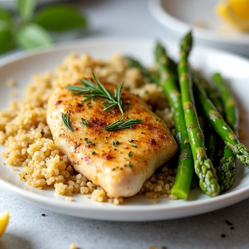 Lemon-Herb Roasted Chicken with Crispy Asparagus and Fluffy Quinoa