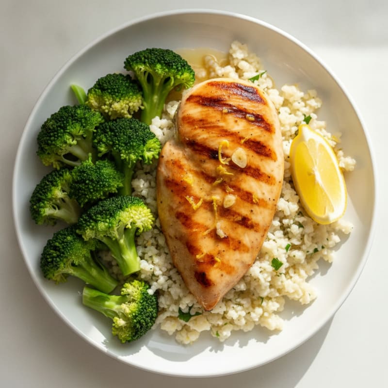 Grilled Chicken Breast with Steamed Broccoli and Cauliflower Rice