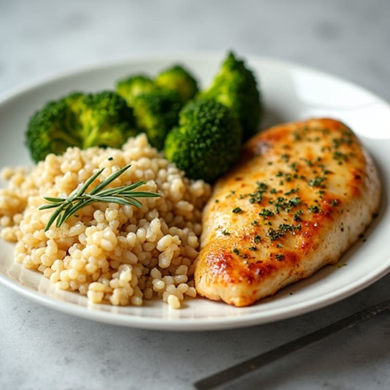 Lemon Herb Roasted Chicken with Fluffy Brown Rice Pilaf and Crispy Roasted Broccoli