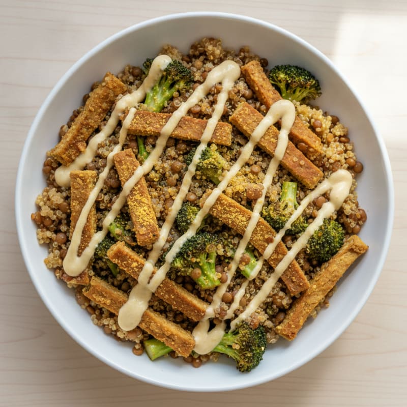 Crispy Lentil and Quinoa Power Bowl with Roasted Broccoli and Tahini Drizzle