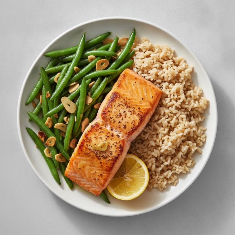 Seared Salmon with Garlic Green Beans and Brown Rice