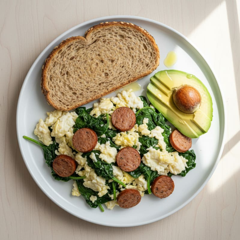 Egg White Scramble with Turkey Sausage and Sautéed Spinach
