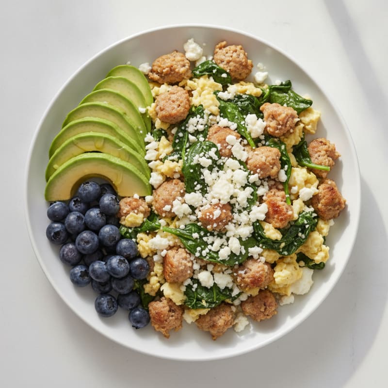 Egg White and Turkey Sausage Scramble with Spinach and Feta