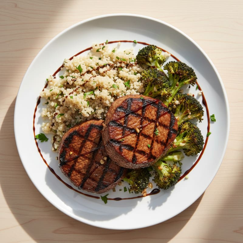 Grilled Seitan Steaks with Roasted Broccoli and Quinoa