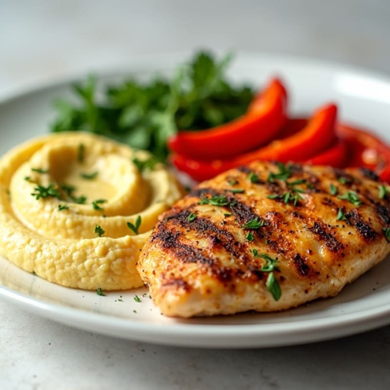 Lemon-Herb Grilled Chicken with Crispy Bell Peppers and Creamy Hummus