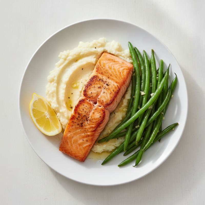 Seared Salmon with Steamed Green Beans and Garlic Mashed Cauliflower