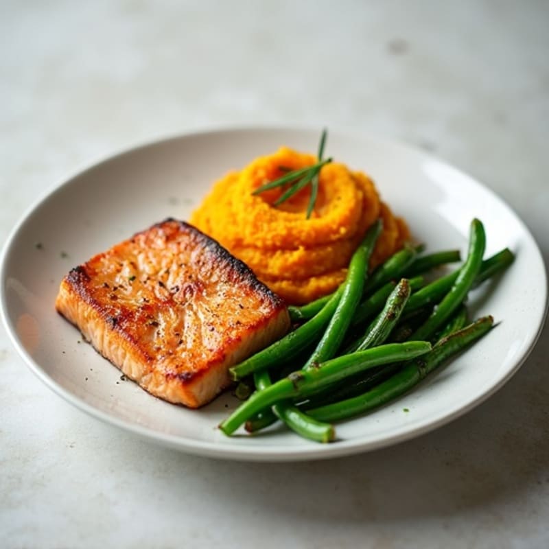 Seared Salmon with Garlic Green Beans and Sweet Potato Mash