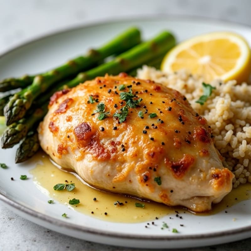 Crispy Lemon Garlic Roasted Chicken with Roasted Asparagus and Quinoa
