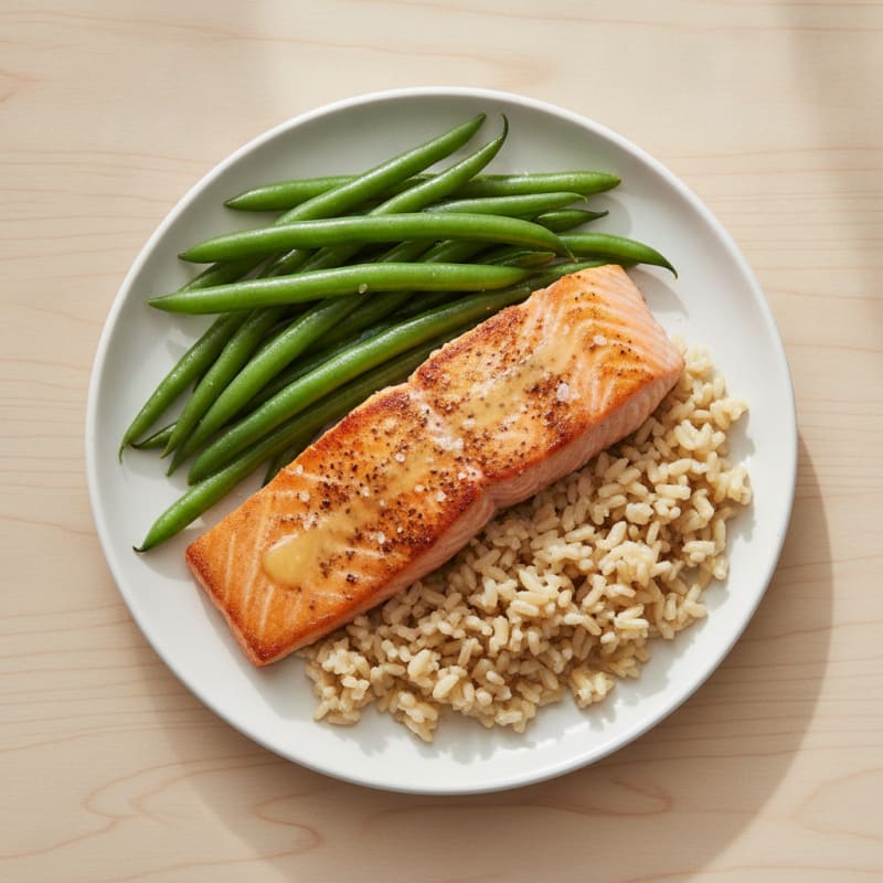 Seared Salmon Fillet with Steamed Green Beans and Brown Rice