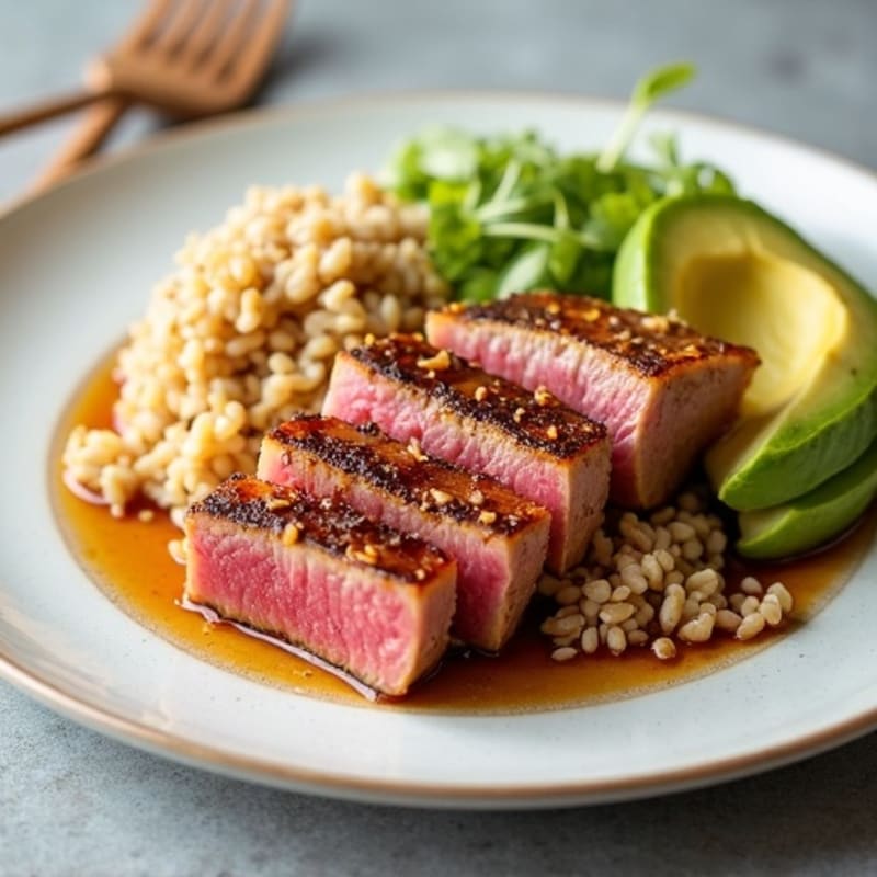 Fresh Ahi Tuna with Sesame-Ginger Brown Rice and Creamy Avocado