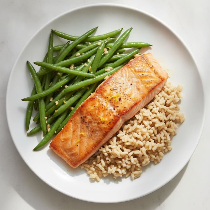 Seared Salmon with Garlic Green Beans and Brown Rice