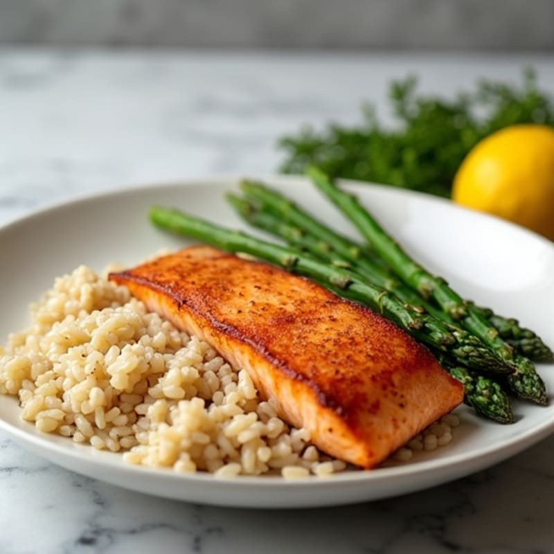 Seared Salmon Fillet with Steamed Asparagus and Brown Rice