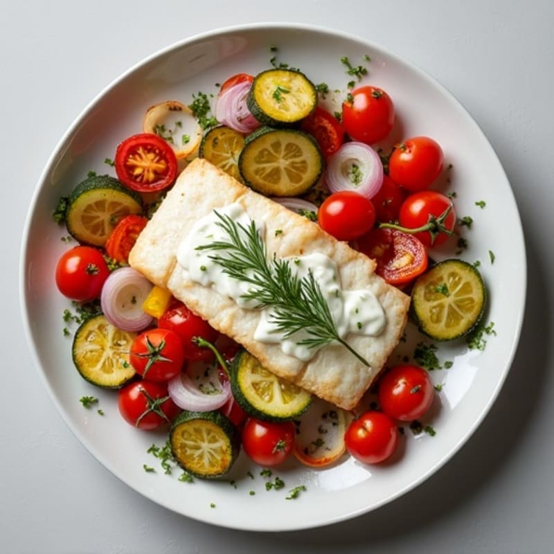 Creamy Garlic Herb White Fish with Roasted Vegetables