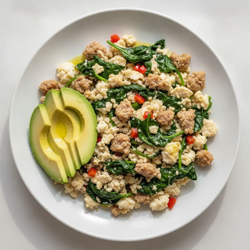Egg White Scramble with Turkey Sausage and Sautéed Spinach