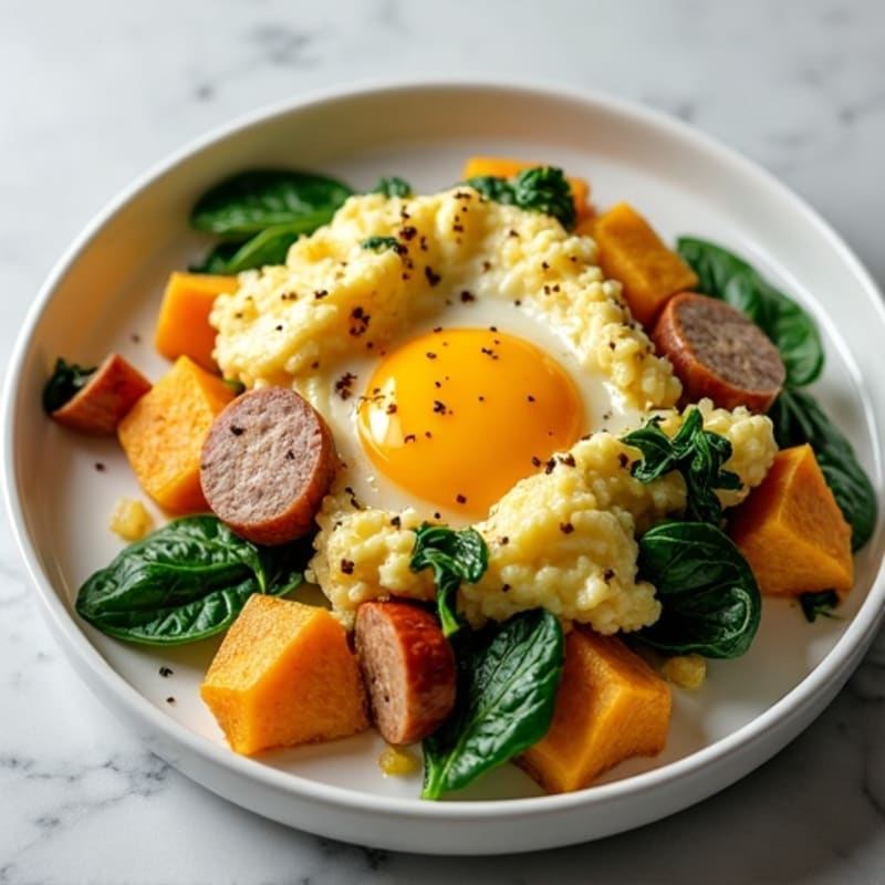 Egg White and Turkey Sausage Scramble with Spinach and Sweet Potato