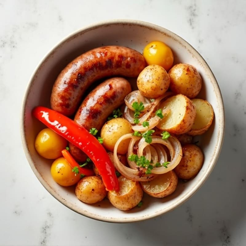 Lean Turkey Sausage and Crispy Roasted Potato Bowl with Sautéed Peppers and Onions