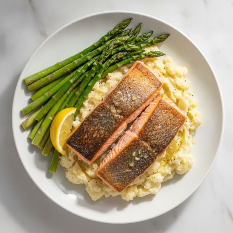 Seared Salmon with Steamed Asparagus and Garlic Mashed Cauliflower