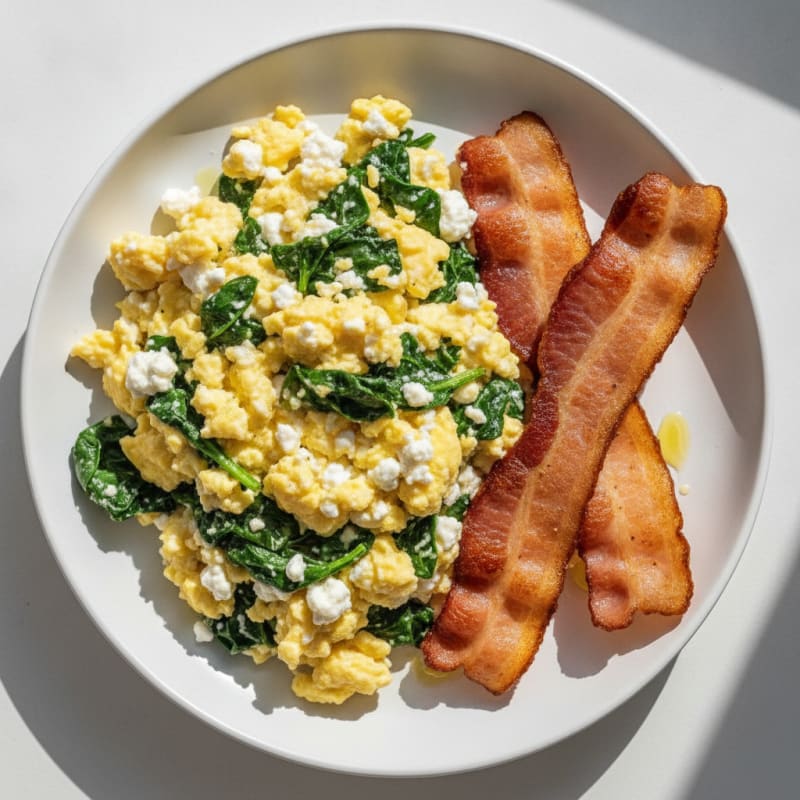 Cottage Cheese Egg Scramble with Spinach and Turkey Bacon