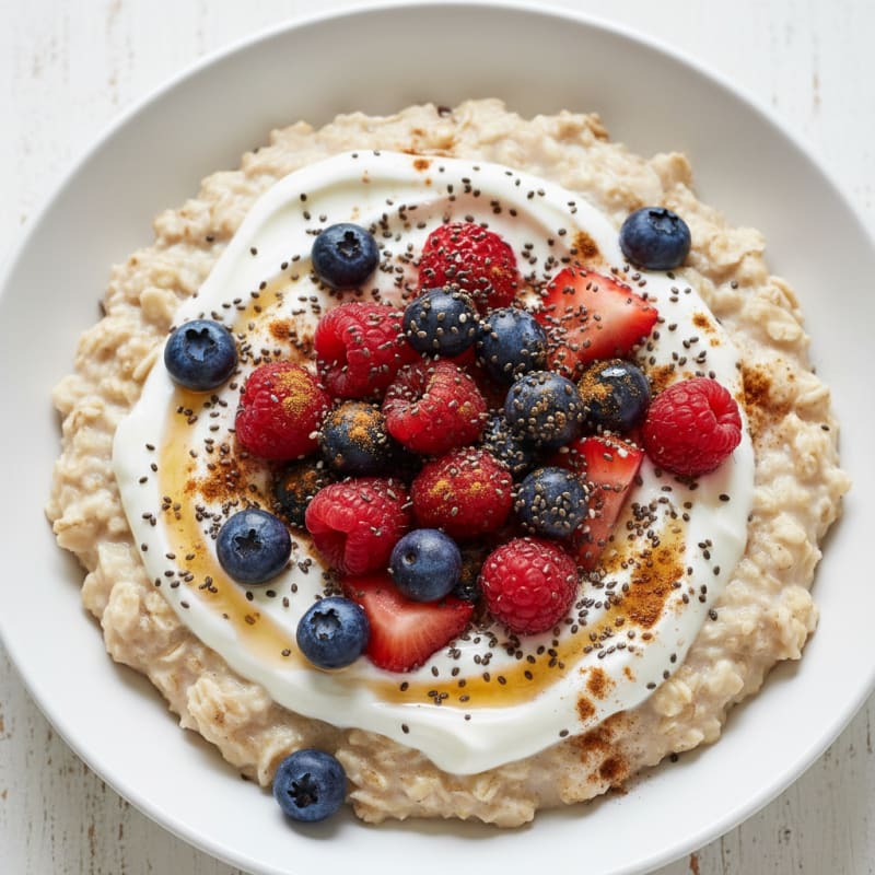 Creamy Oatmeal with Greek Yogurt, Mixed Berries, and Chia Seeds