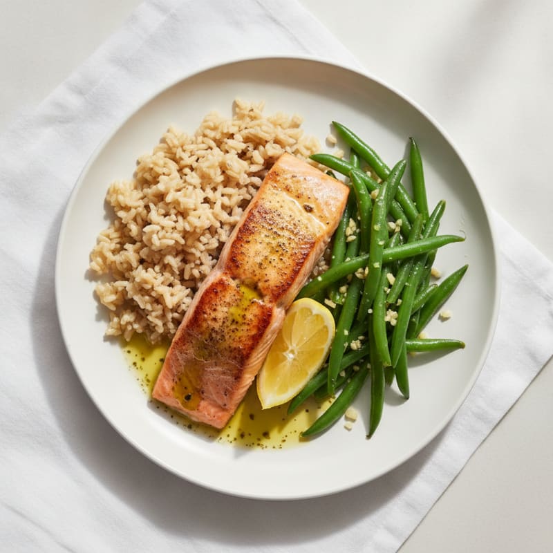 Seared Salmon Fillet with Garlic Green Beans and Brown Rice