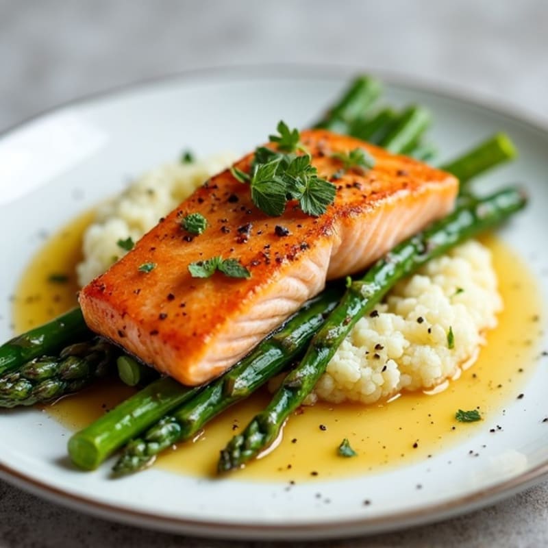 Seared Salmon with Steamed Asparagus and Cauliflower Mash