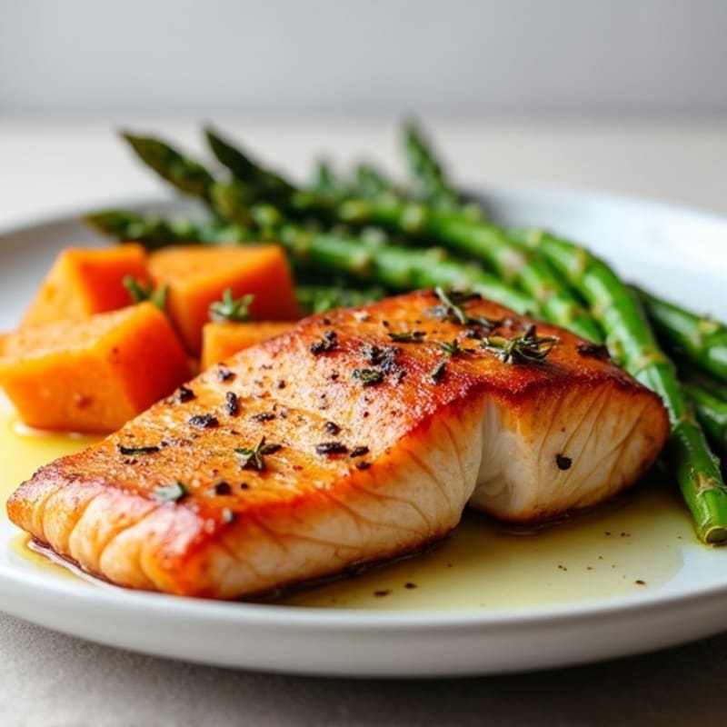 Crispy Pan-Seared Salmon with Roasted Sweet Potatoes and Sautéed Asparagus