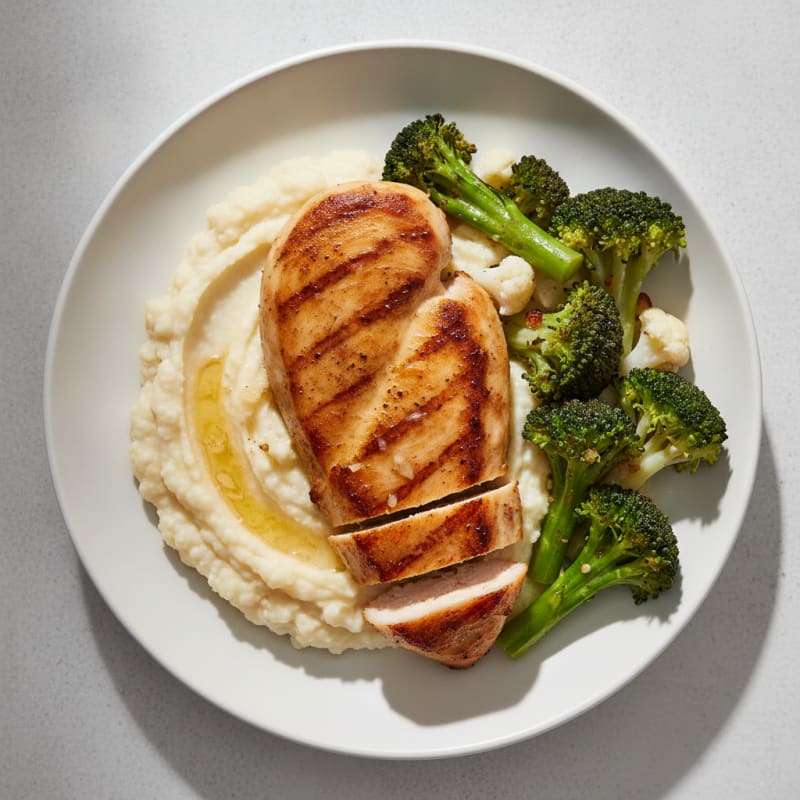 Seared Chicken Breast with Steamed Broccoli and Cauliflower Mash