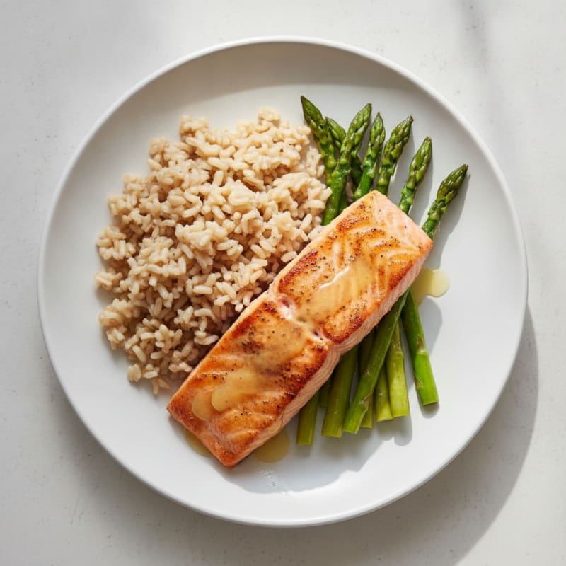 Seared Salmon Fillet with Roasted Asparagus and Brown Rice