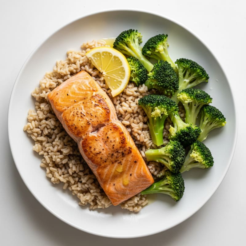 Seared Salmon with Steamed Broccoli and Brown Rice