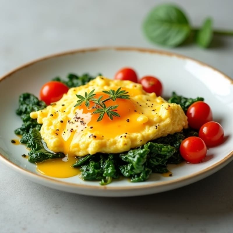 Fluffy Scrambled Eggs with Sautéed Spinach and Cherry Tomatoes