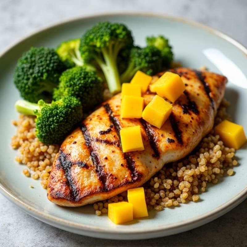 Grilled Chicken Breast with Roasted Broccoli, Quinoa & Mango Salsa
