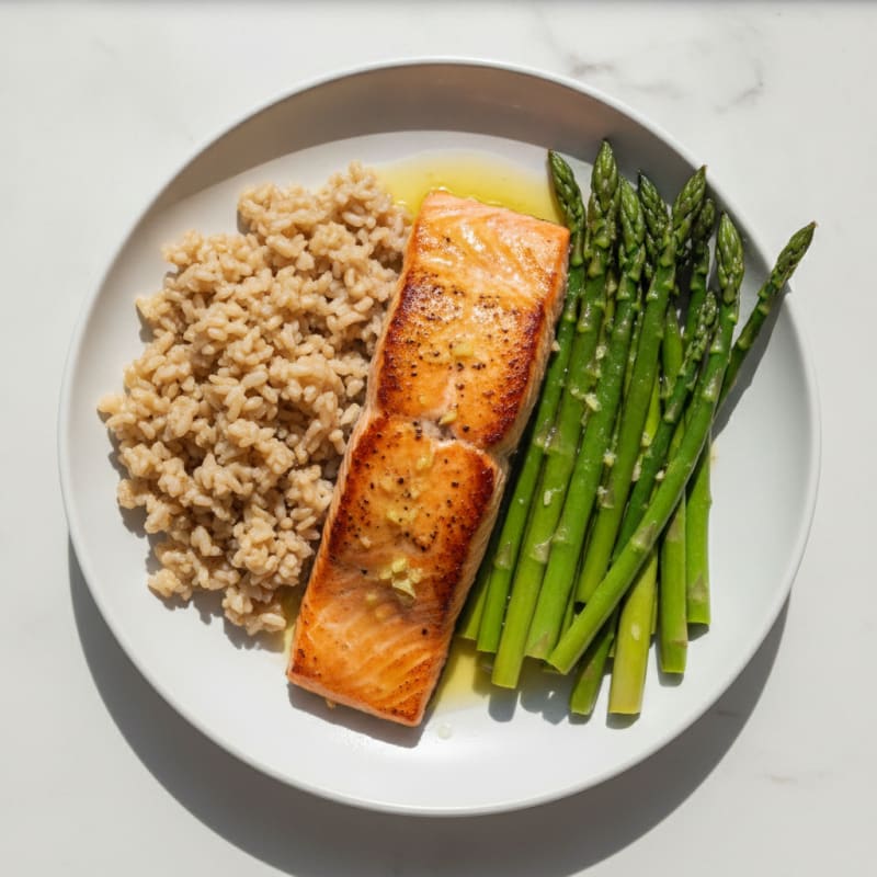 Seared Salmon with Steamed Asparagus and Brown Rice