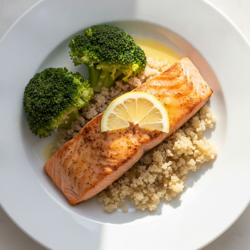 Seared Salmon Fillet with Steamed Broccoli and Quinoa