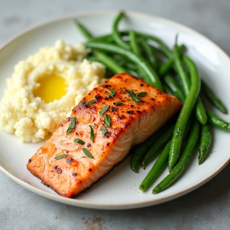 Seared Salmon with Garlic Green Beans and Cauliflower Mash