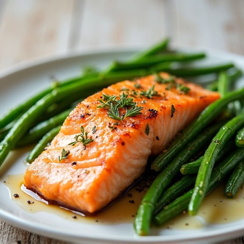 Crispy Pan-Seared Salmon with Garlic Herb Roasted Green Beans