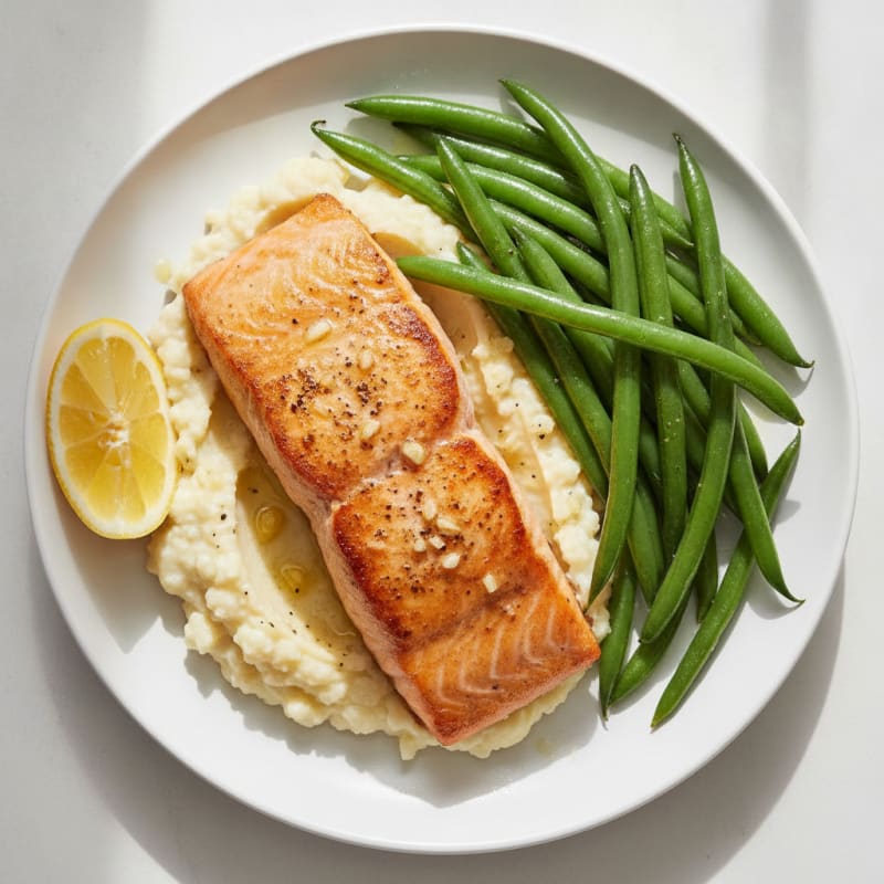 Seared Salmon with Steamed Green Beans and Garlic Cauliflower Mash