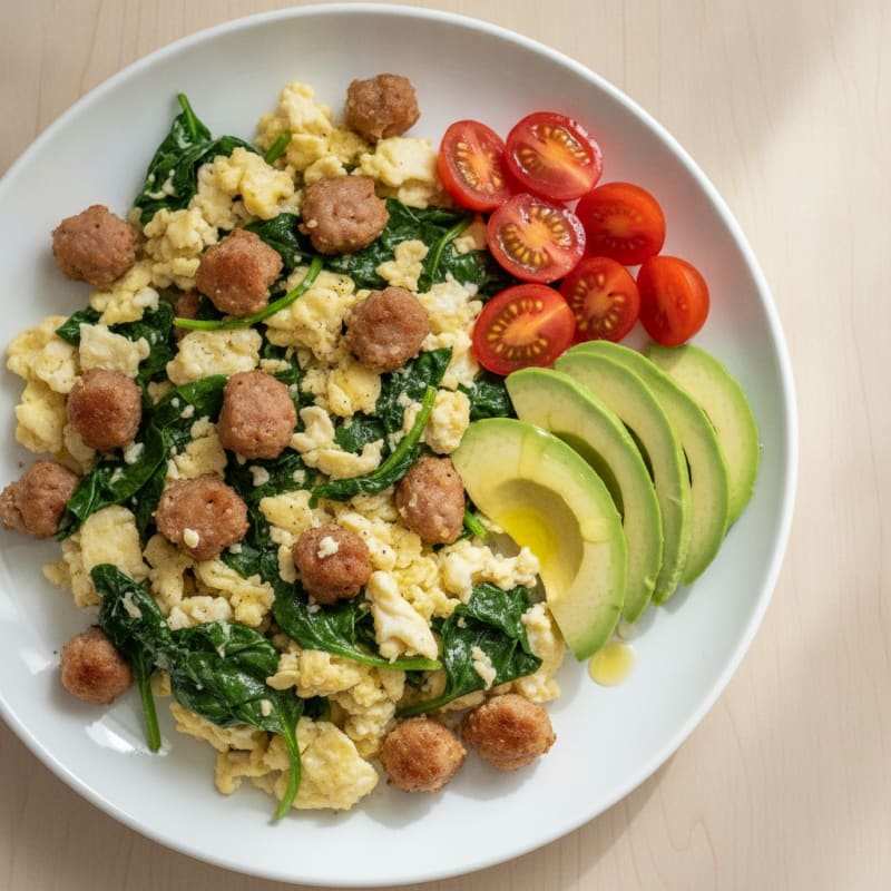 Egg White Scramble with Turkey Sausage and Sautéed Spinach