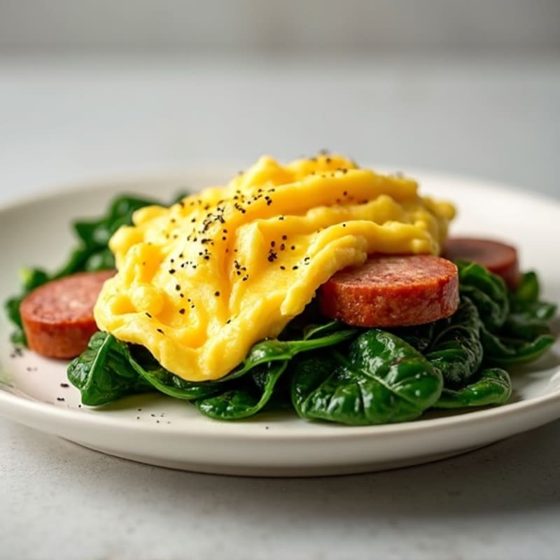 Fluffy Scrambled Eggs with Lean Turkey Sausage and Sautéed Spinach