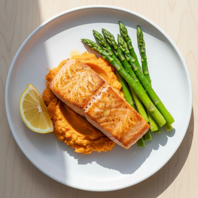 Seared Salmon Fillet with Steamed Asparagus and Sweet Potato Mash