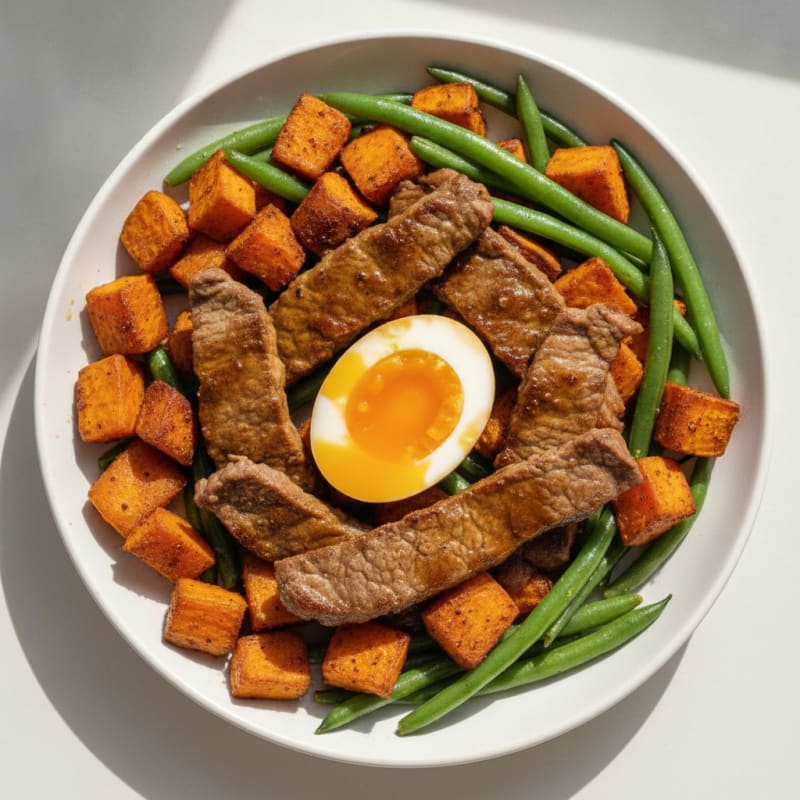 Seared Beef Strips with Roasted Sweet Potato and Green Beans