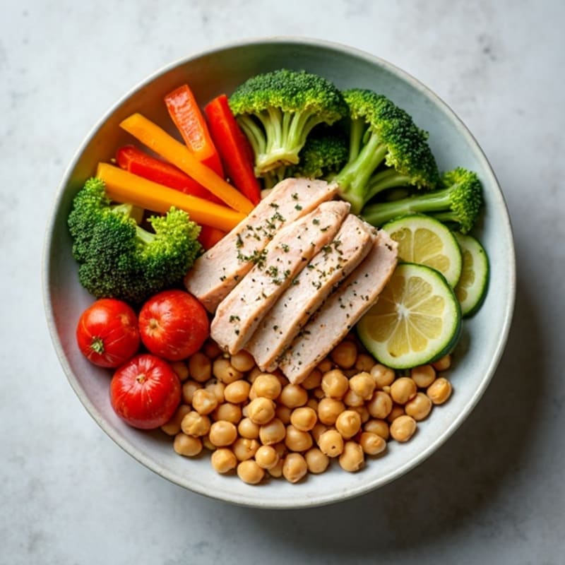Flaked Tuna Power Bowl with Roasted Vegetables and Creamy Lemon Dressing