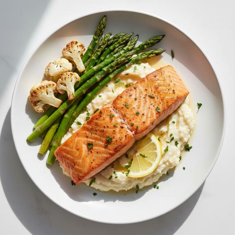 Seared Salmon with Roasted Asparagus and Cauliflower Mash