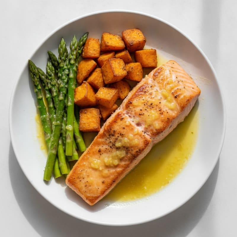Seared Salmon Fillet with Roasted Sweet Potato and Asparagus