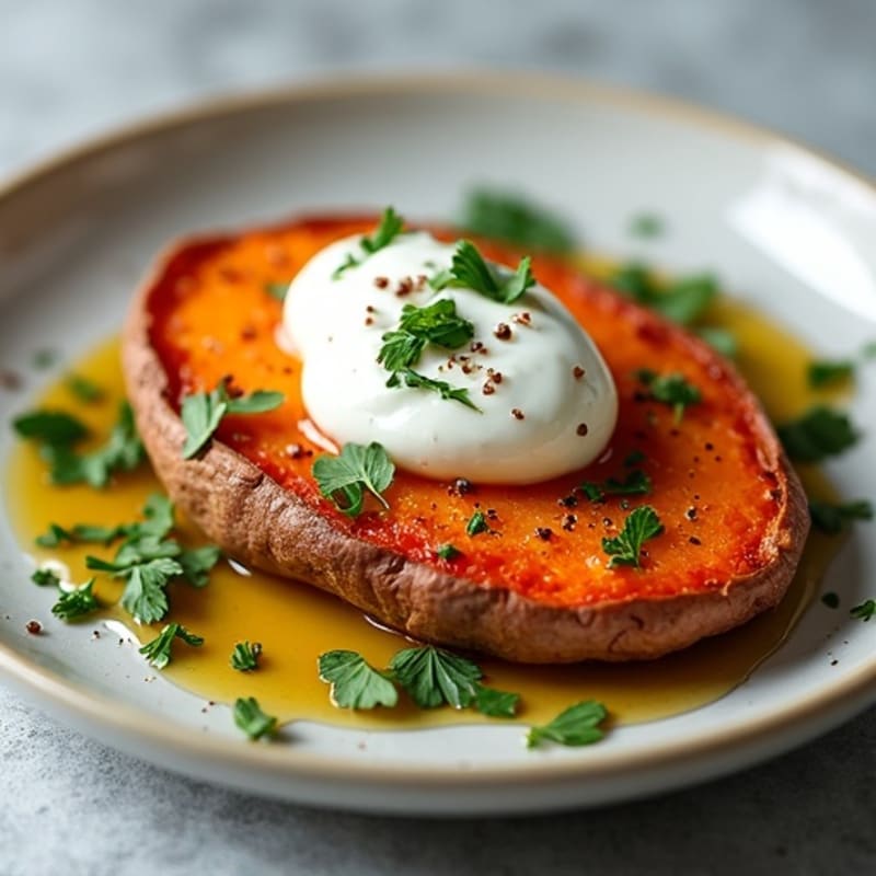 Crispy-Skinned Sweet Potato with Greek Yogurt and Herbs