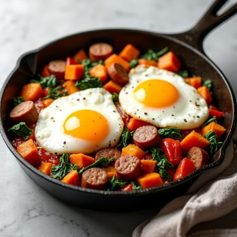 Hearty Sweet Potato Hash with Lean Turkey Sausage and Baked Eggs
