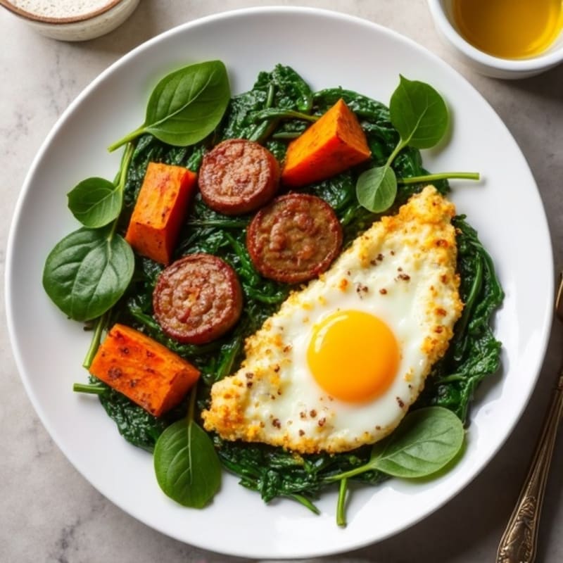Egg White and Turkey Sausage Scramble with Spinach and Roasted Sweet Potatoes