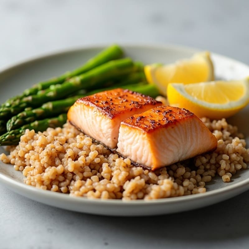 Seared Salmon with Steamed Asparagus and Brown Rice