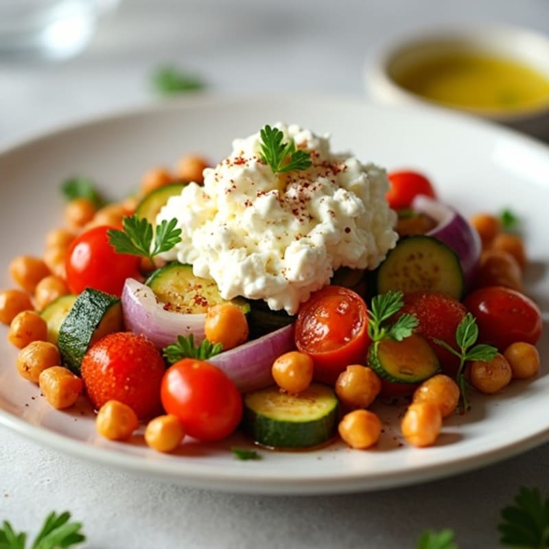 Savory Cottage Cheese with Roasted Vegetables and Crispy Chickpeas