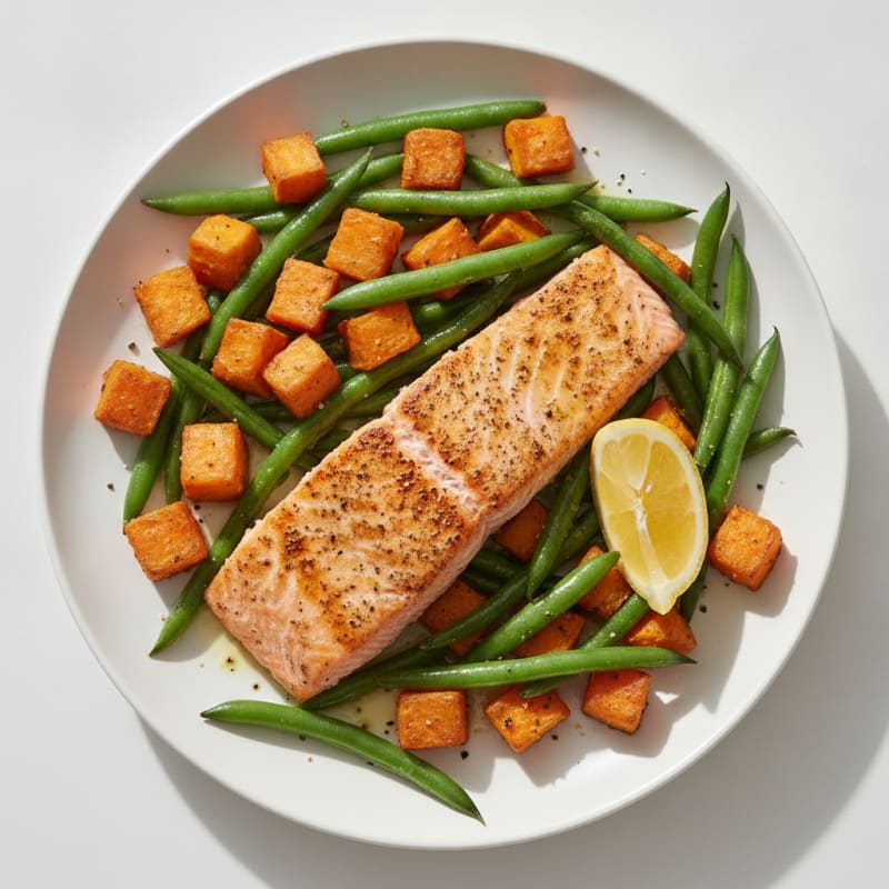 Seared Salmon with Roasted Sweet Potato and Green Beans